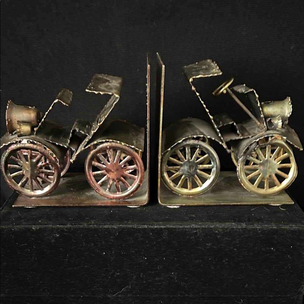 Vintage Folk Art Mix Media Metal Car Bookends Copper Brass Steel Excellent C
